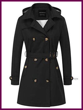 Women's Double-Breasted Trench Coat Water-Repellent Belted Overcoat with Hood